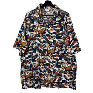 Matt Rider Floral Shirt Men's L USA Made World War II Aircraft Planes Blue